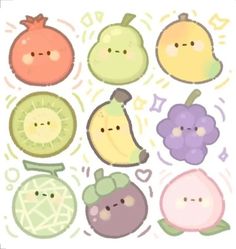 an assortment of fruits and vegetables with faces drawn in the style of kawaishi