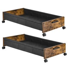 two wooden trays with wheels on each side and one is holding an open drawer