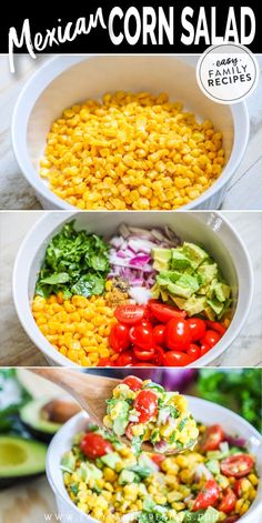 mexican corn salad with avocado, tomatoes, and lettuce in it