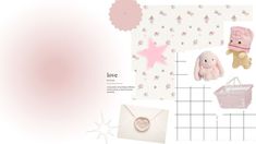 a collage of pink items including a teddy bear, hat, bag and star