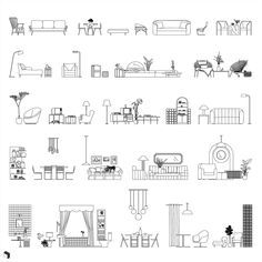 black and white furniture line drawings on a white background, including couches, chairs, tables