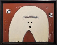 a painting of a white polar bear with red background