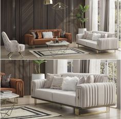 two pictures of a living room with couches, chairs and rugs on the floor