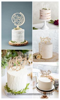 wedding cakes and cake toppers are featured in this collage