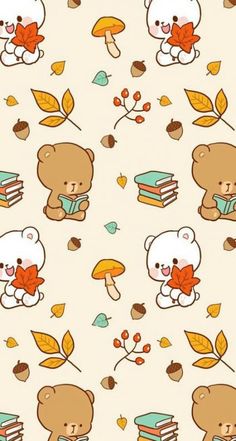 the bears are holding books and autumn leaves