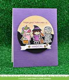 a purple card with a cartoon character on it