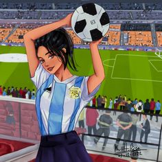 a girl holding a soccer ball in front of her head at a stadium with people watching