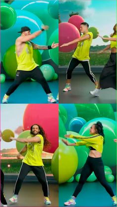 a woman in yellow shirt doing various poses with balloons and tennis rackets behind her