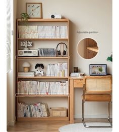 a wooden book shelf filled with books next to a desk and chair in front of a window