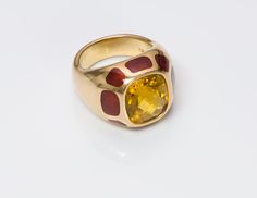 Created with Shogun. Citrine Gold Enamel Ring Citrine 18K yellow gold dome ring with enamel accents. Weight: 26.4 Grams Luxury Yellow Gold Ceremonial Enamel Ring, Gold Luxury Ceremonial Enamel Ring, Luxury Gold Ceremonial Enamel Ring, Vintage 14k Yellow Gold Enamel Ring, Luxury Gold Vintage Enamel Ring, Genuine Love, 18k Gold Ring, Enamel Ring, Domed Ring