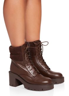 Combat Boot, Round Toe, Block Heel, Mid Heel: 2-3 inches, Lace Up, Zippers, Solid, Item Number 3115074704889 Combat Boots Brown, Heel Combat Boots, Chunky Combat Boots, Brown Combat Boots, Chunky Shoes, Gift Season, Combat Boot, Boots Brown, Lug Sole