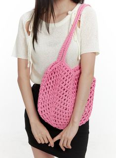 crochet-tote-bag-ol411 / Pink The Color Blue, Tank Top Straps, Crochet Tote Bag, Crochet Tote, Prom Outfits, Trendy Collection, Shrug Sweater, Fashion Korean, Pink Light