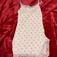 Kikithebrand Kikiskinis White And Red Cherry Print Mini Fitted Dress With Lace. Not Marked But Is A Size Small. Could Fit An Xs. Adjustable Straps. Could Use A Bleaching, Hence The Price. Not First Owner But I’ve Never Worn It, Thought It Would Be In Better Condition. #Kikithebrand #Cherry #Lace #Coquette #Cottagecore Red Y2k Mini Dress, Casual Summer Sleepwear Mini Length, Cute White Lounge Dress, Y2k Red Mini Dress, Cute Red Summer Sleepwear, Casual Mini-length Spring Sleepwear, Red Cotton Sleep Dress, Casual Sleep Mini Dress With Spaghetti Straps, Red Sleeveless Cotton Sleepwear