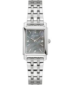 From Bulova&#x2C; the Women's Classic Two-Hand Stainless Steel Bracelet Watch features: Stainless steel bracelet and case Gray Mother of Pearl dial Curved mineral crystalDeployant clasp with push buttonsTwo hand movement Approx. case size: 32mmWater resistance: 30 ATM Imported. Accessories Watches Women, Dillard's, Minerals Crystals, Steel Bracelet, Silver Watch, Stainless Steel Bracelet, Accessories Watches, Two Hands, Mother Of Pearl