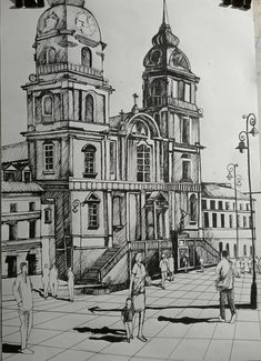 a drawing of people standing in front of an old building with two towers on each side