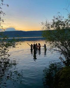 four people are wading in the water with their hands up and one person is standing