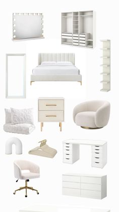 white furniture and accessories are arranged in a collage, including a bed, chair, desk