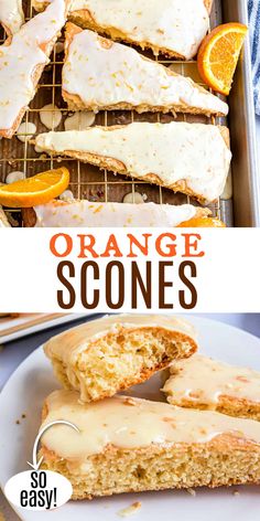 orange scones with icing on top and an orange slice cut in half next to them