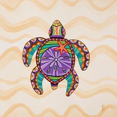 a painting of a sea turtle with colorful designs