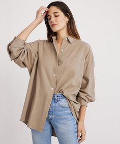 Relaxed Oversized Shirt Hazel With a dramatically oversized fit, this staple piece redefines style versatility. Tucked, untucked, or half-tucked depending on your mood—the Relaxed Oversized Shirt is as crisp and put together as it is effortlessly cool for any occasion. Style it with classic denim or the Relaxed Trouser for a new take on your easy everyday uniform. 100% raw silk. Made in China. Oversized button-up shirt with a generous fit to provide a relaxed look and feel. Beige Clothes Women, Half Untucked Shirt Style, Oversized Women Shirt, Beige Oversized Shirt Outfit, Tan Button Down Shirt Outfit, Beige Shirt Outfits Women, Oversized Button Up, Beige Shirt Outfit, Oversize Shirt Outfit