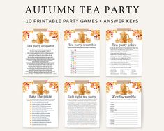 the autumn tea party game is shown in four different colors and font, with an image of