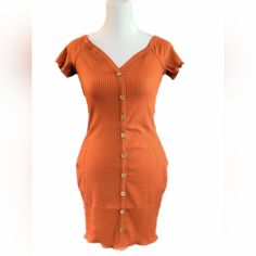 Beautiful Ribbed, Textured, Bodycon Dress With Button Accent Front. Wide V-Neck Can Be Worn Off The Shoulders. Cap Sleeve. Rust Orange, Color Perfect For Fall Layering! Brown V-neck Mini Dress With Buttons, Fitted Brown Midi Dress With Buttons, Trendy V-neck Mini Dress With Buttons, Cotton V-neck Mini Dress With Button Closure, Cotton V-neck Mini Dress With Buttons, Casual Orange Button-up Dress, Spring Bodycon Mini Dress With Buttons, Spring Mini Bodycon Dress With Buttons, Casual Orange Knee-length Bodycon Dress