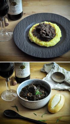 two pictures of food and wine on a table