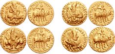 six gold coins with images of people and animals on them, all in different positions