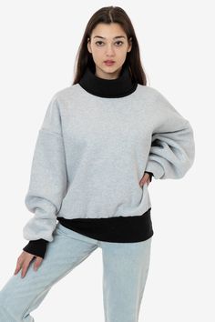 This heavy fleece version of our oversized contrast turtleneck sweatshirt is made using recycled, leftover rolls of various heavyweight cotton fleeces. The generous blouson fit will keep you comfy and cozy all winter long while still looking chic. The contrast rib turtleneck and cuffs give this garment an elevated look that can be dressed up or down. Try pairing these sweaters with our riding pants, sweatpants or even leather styles. Please note, these colors are not perfect matches to any of ou High Neck Sweatshirt For Winter Layering, Winter High Neck Sweatshirt For Layering, Oversized Funnel Neck Sweatshirt, Oversized High Neck Winter Sweatshirt, Funnel Neck Sweatshirt With Ribbed Collar, Sporty Fleece Turtleneck Sweatshirt, Oversized Funnel Neck Sweatshirt With Ribbed Collar, Relaxed Fit Turtleneck Sweatshirt For Layering, Turtleneck Sweatshirt With Relaxed Fit For Layering