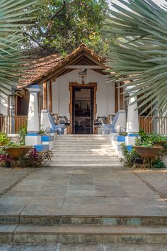 an entrance to a house with steps leading up to it and potted plants on either side