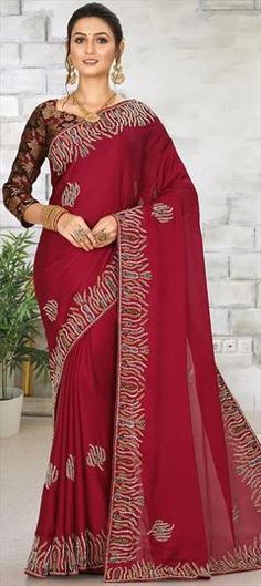 Red and Maroon color Saree in Georgette fabric with Fancy Work work Red Blouse Piece For Reception Eid, Red Blouse Piece For Reception On Eid, Red Georgette Blouse With Resham Embroidery, Red Resham Embroidery Blouse Piece In Georgette, Red Blouse Piece For Reception And Eid, Red Georgette Blouse Piece With Zari Work, Red Georgette Blouse Piece For Celebration, Red Georgette Traditional Wear With Cutdana, Red Party Blouse Piece With Dori Work