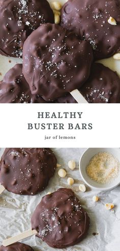 Two images of healthy buster bars Greek Yogurt Bites, Greek Yogurt Peanut Butter, Peanut Butter Protein Powder, Buster Bars, Greek Yogurt Dessert, Frozen Yogurt Pops, Greek Yogurt And Peanut Butter