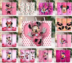 various images of minnie mouse bags with pink and white polka dots on them, all decorated in different designs