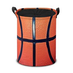 an orange and blue basketball basket with black trim on the bottom, sitting in front of a white background