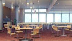 an empty cafeteria with tables and chairs in the center, looking out to the outside