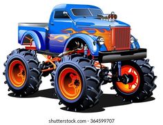 a cartoon monster truck with orange wheels and flames painted on it's body,