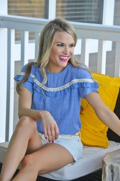 Charming and preppy, this top is perfect for a day in the South! Blue with ivory crochet and just enough ruffle for a sweet,  feminine style! $46.00 Confessions Of A Shopaholic, Blue Door, Feminine Style, The South, Spring Summer Fashion, Boutique Clothing, Warm Weather, Cute Dresses, Everyday Fashion