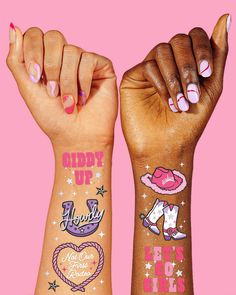 two women's arms with tattoos on them and the words happy birthday to each other