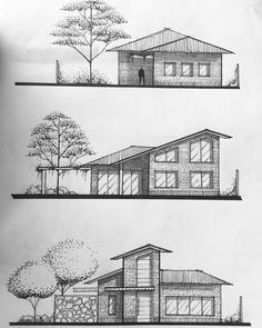 three drawings of different types of houses