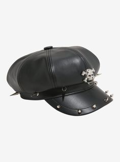 If looks could kill. Accessorize like a true baddie with this faux leather cabbie hat! Featuring a skull and crossbones embossed on the front  plus edgy spike stud detailing around the base and brim. If Looks Could Kill, Gothic Stuff, Cybercore Aesthetic, Right Arrow Icon, Trucker Hat Black, Hat Aesthetic, Alt Clothes, Cabbie Hat, Unique Hats