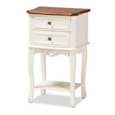 a white nightstand with two drawers and a wooden top on an isolated white background,