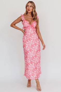 Second Chances Ruffle Trim Maxi Dress Floral Pink Maxi Dress Floral, Yellow Bridesmaids, Second Chances, Date Night Dresses, Iron Material, Mini Dress Casual, Basic Dress, Pink Maxi Dress, Nude Heels