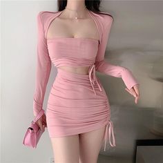 REFIA Long Sleeves Top And Cut Out Mini Dress - ithelabel.com Mini Evening Dress, Cut Out Mini Dress, Korean Dress, Sleeves Top, Dress Gown, Tube Dress, Cutout Dress, Asian Fashion, Pretty Outfits