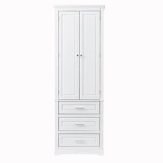 a tall white cabinet with two drawers