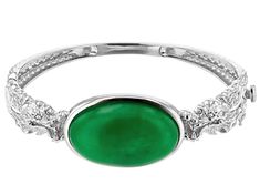 30x20mm Oval Jadeite Rhodium Over Sterling Silver Dragon Bangle Bracelet. Measures Approximately 0.78"W. Box Clasp. Elegant Jade Bracelets For Wedding, Elegant Oval Jade Jewelry, Elegant Green Cabochon Bracelets, Formal Oval Jade Jewelry, Jade Bracelet For Wedding, Elegant Oval Green Bangle, Elegant Green Oval Bangle, Formal White Gold Jade Jewelry, Classic Jade Bracelet Jewelry