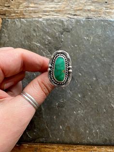 Handmade Royston Turquoise and sterling silver statement ring.  -Ring will fit US Size 8 American Southwestern Vintage style design. Beautiful striking grassy green color with unique matrix. Hand stamped border, and polished Rustic looking patina with high polish finish.  Double split style shank/band. Hand stamped Rising Sun and Arrow hallmark on backside. Turquoise stone is from the Royston mine in Nevada.  100% Sterling silver. --------------------- Every piece will come packaged in a recycle Western Green Turquoise Ring In Sterling Silver, Royston Turquoise, Statement Ring Silver, Paper Jewelry, Rising Sun, Green Stone, Ring Ring, Cocktail Ring, Turquoise Sterling Silver