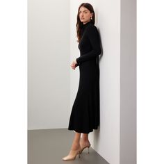 Black knit (45% Recycled polyester, 30% Merino wool, 20% Acrylic, 5% Polyamide). Sweater sheath. Long sleeves. Mock neck. Front zipper closure. 49" from shoulder to hemline. Imported. Turtleneck Stretch Midi Dress For Work, Stretch Turtleneck Midi Dress For Work, Sleek Turtleneck Dress For Fall, Sleek Turtleneck Workwear Dresses, Sleek Stretch Midi Dress For Fall, Chic Stretch Sweater Dress For Work, Elegant Stretch Turtleneck Sweater Dress, Turtleneck Midi Dress For Workwear, Fall Turtleneck Midi Dress For Workwear