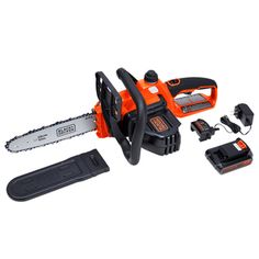 an orange and black electric chainsaw with tools