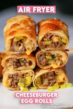 Air Fryer Cheeseburger Egg Rolls cut in half and stacked on top of each other showing the inside beef, bacon, pickles, and melted cheese. Air Fryer Cheeseburger, Airfryer Healthy, Cheeseburger Egg Rolls, I Lost 100 Pounds, Air Fried Food, Lost 100 Pounds