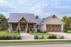 this is an artist's rendering of the country house plan with two garages